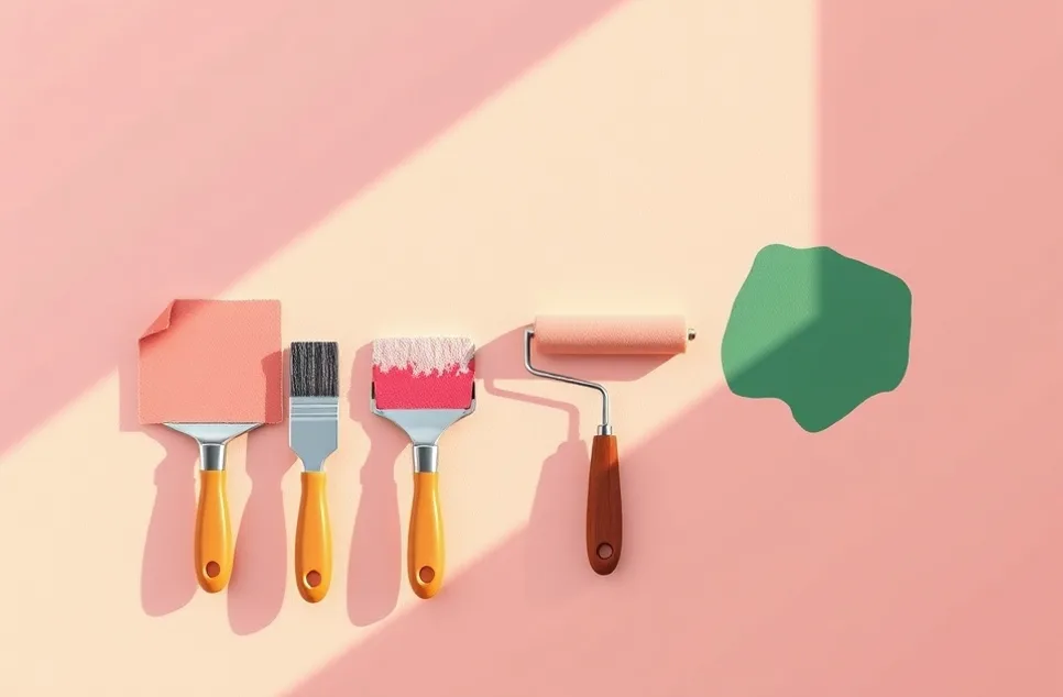Outils de peinture disposés dans l'ordre des étapes du chantier