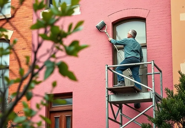 Peintre sur échafaudage traitant la façade d'une maison